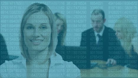 Binary-coding-data-processing-over-portrait-of-caucasian-businesswoman-smiling-at-office