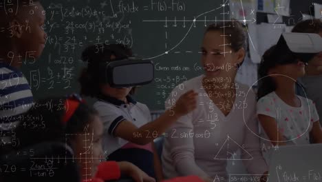 Animation-of-mathematical-equations-over-schoolchildren-wearing-vr-headsets