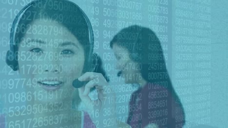 Cyber-security-data-processing-over-asian-female-customer-care-executive-talking-on-phone-headset