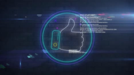 Digitale-Animation-Eines-Neonähnlichen-Symbols-Vor-Lichtflecken-Und-Datenverarbeitung-Auf-Blauem-Hintergrund