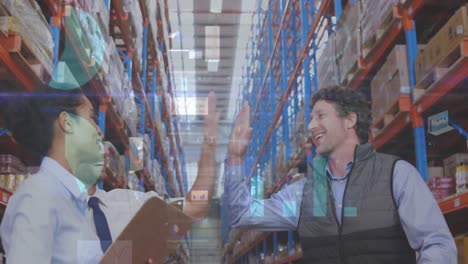 Statistical-data-processing-over-male-and-female-supervisors-high-fiving-each-other-at-warehouse
