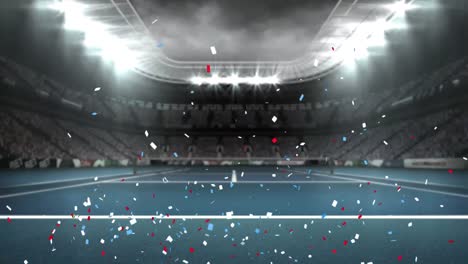 Animation-Von-Blauem-Und-Rotem-Konfetti,-Das-über-Das-Sportstadion-Fällt