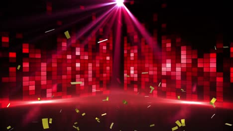 Digital-animation-of-confetti-falling-over-spot-of-light-and-red-disco-lights-on-black-background