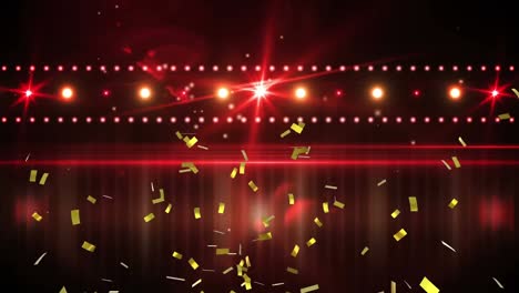 Animation-of-confetti-falling-over-glowing-spot-lights-and-red-curtain-in-music-venue