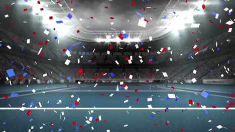Animation-of-blue-and-red-confetti-falling-over-sports-stadium