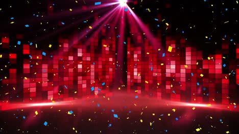 Digital-animation-of-confetti-falling-over-spot-of-light-and-red-disco-lights-on-black-background