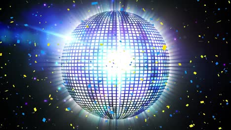 Confetti-falling-over-spinning-shining-disco-ball-against-blue-spots-of-light-on-black-background
