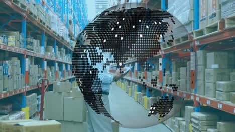 Animation-of-globe-over-man-using-tablet-in-warehouse