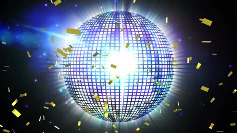 Golden-confetti-falling-over-spinning-disco-ball-against-blue-spots-of-light-on-black-background