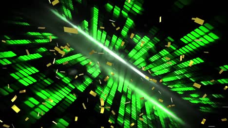 Digital-animation-of-confetti-falling-over-green-disco-lights-against-black-background