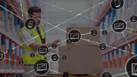 Network-of-digital-icons-over-caucasian-male-supervisor-with-clipboard-checking-stock-at-warehouse