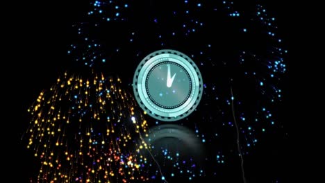 Animation-of-fireworks-and-scope-scanning-with-clock-on-black-background