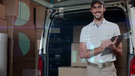 Multiple-screens-with-data-processing-over-portrait-of-caucasian-delivery-man-with-clipboard-smiling