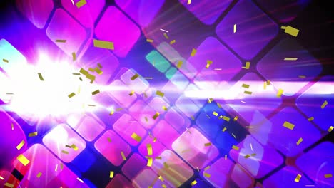 Animation-of-confetti-falling-over-glowing-pink-digital-squares