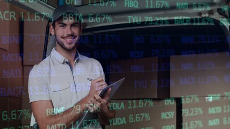 Stock-market-data-processing-against-portrait-of-caucasian-delivery-man-with-clipboard-smiling