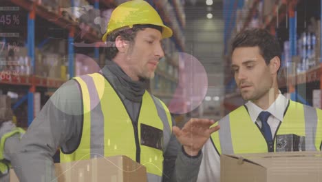 Statistical-data-processing-against-caucasian-male-supervisor-and-worker-discussing-at-warehouse
