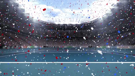 Digital-animation-of-colorful-confetti-falling-against-tennis-court-in-background