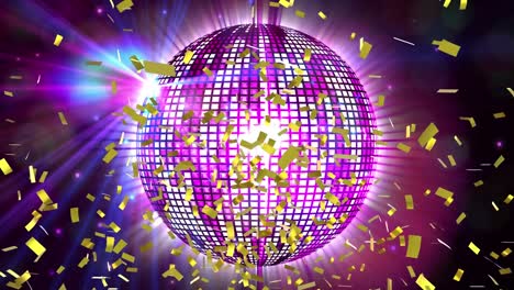 Goldenes-Konfetti-Fällt-über-Eine-Sich-Drehende,-Leuchtende-Discokugel-Vor-Lichtflecken-Auf-Violettem-Hintergrund