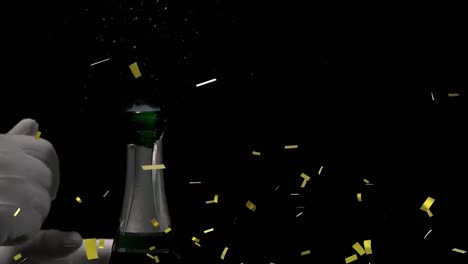 Animation-Von-Konfetti-über-Einem-Mann,-Der-Champagner-Auf-Schwarzem-Hintergrund-öffnet