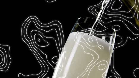 Animation-of-shapes-moving-over-champagne-pouring-into-glass-on-black-background