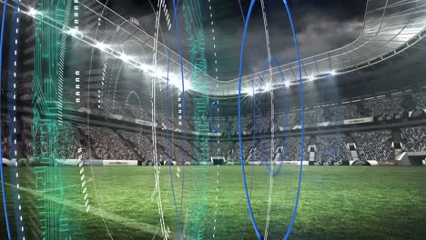 Digital-animation-of-multiple-round-scanners-spinning-against-sports-stadium-in-background