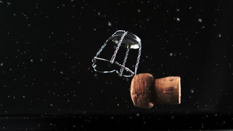 Animation-Von-Weißen-Flecken-über-Der-Champagneröffnung-Auf-Schwarzem-Hintergrund