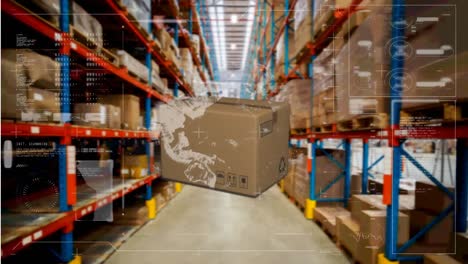 Animation-of-data-processing-and-globe-spinning-over-cardboard-box-in-warehouse