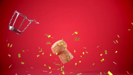 Animation-of-confetti-falling-over-champagne-opening-on-red-background