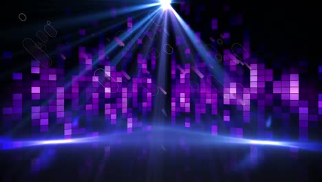 Animation-of-purple-light-trails-falling-over-spot-light-and-glowing-purple-music-equalizer