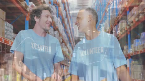Statistical-data-processing-over-two-caucasian-male-volunteers-high-fiving-each-other-at-warehouse