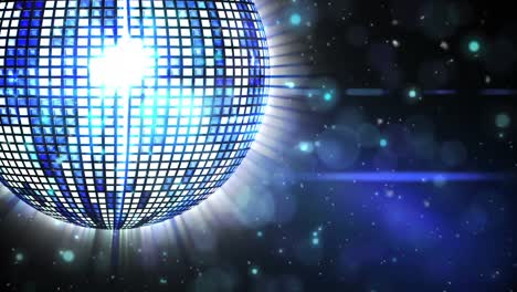 Digital-animation-of-shining-disco-ball-spinning-against-spots-of-light-on-blue-background