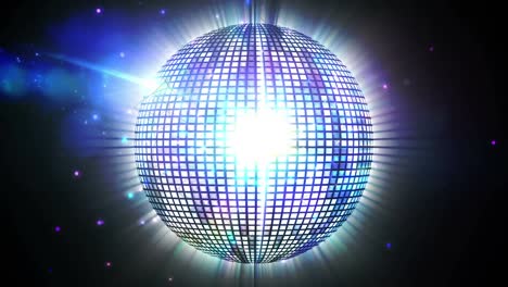 Animation-of-blue-spots-of-light-over-glowing-mirror-disco-ball
