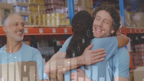 Statistical-data-processing-over-diverse-male-and-female-volunteers-hugging-each-other-at-warehouse