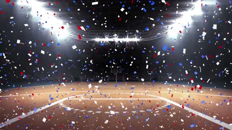 Animation-of-blue-and-red-confetti-falling-over-sports-stadium