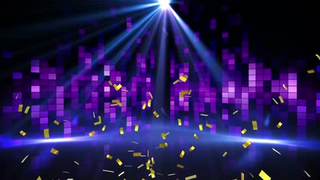 Digital-animation-of-confetti-falling-over-spot-of-light-and-purple-disco-lights-on-black-background