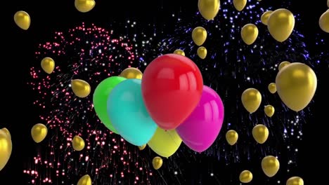 Animation-of-colourful-multiple-fireworks-and-balloons-floating-on-black-background