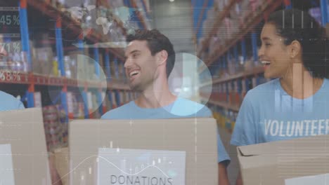 Statistical-data-processing-against-male-and-female-volunteers-holding-boxes-smiling-at-warehouse