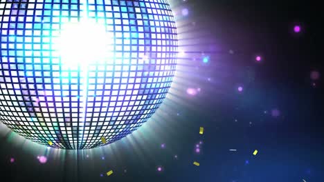 Golden-confetti-falling-over-spinning-purple-disco-ball-and-spots-of-light-on-blue-background