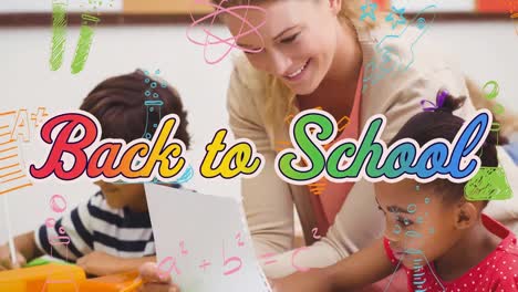 Animation-of-back-to-school-text-over-school-items-icons-and-schoolkids
