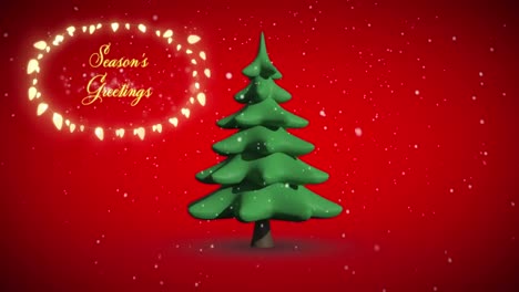 Seasons-greeting-text-against-snowflakes-falling-over-christmas-tree-icon-on-red-background