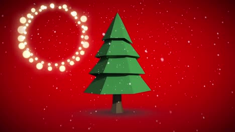 Animation-of-fairy-lights-frame-with-copy-space-and-christmas-tree-on-red-background