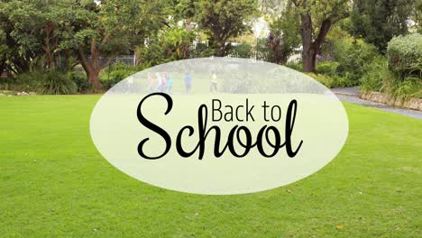 Animation-of-back-to-school-text-over-schoolchildren-playing-outdoors