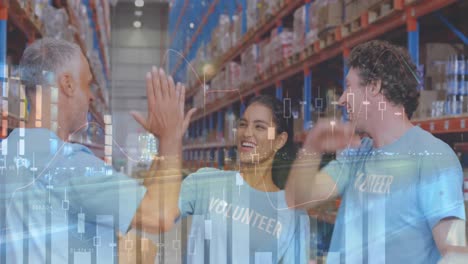 Statistical-data-processing-over-male-and-female-volunteers-high-fiving-each-other-at-warehouse