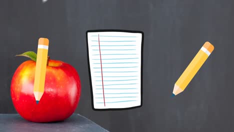 Animation-Von-Schulartikelsymbolen-über-Apfel-Und-Tafel