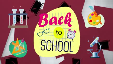 Animation-of-back-to-school-text-and-school-items-icons-moving-on-white-background