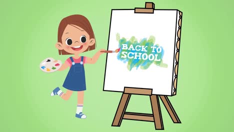 Animation-of-digital-schoolgirl-painting-back-to-school-text-on-easel-on-green-background