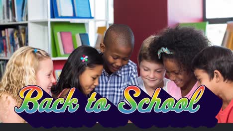 Animation-of-back-to-school-text-over-schoolkids-in-library