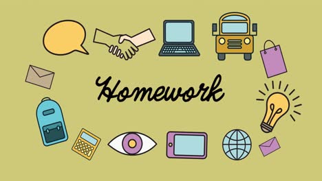 Animation-of-homework-text-and-school-items-icons-on-yellow-background