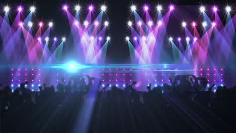 Animation-of-people-dancing-in-club-music-venue-with-blue-light-moving-over-glowing-spotlights