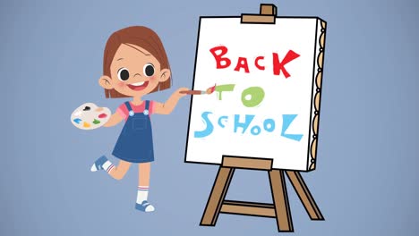 Animation-Eines-Digitalen-Schulmädchens,-Das-Back-to-School-Text-Auf-Einer-Staffelei-Auf-Blauem-Hintergrund-Malt